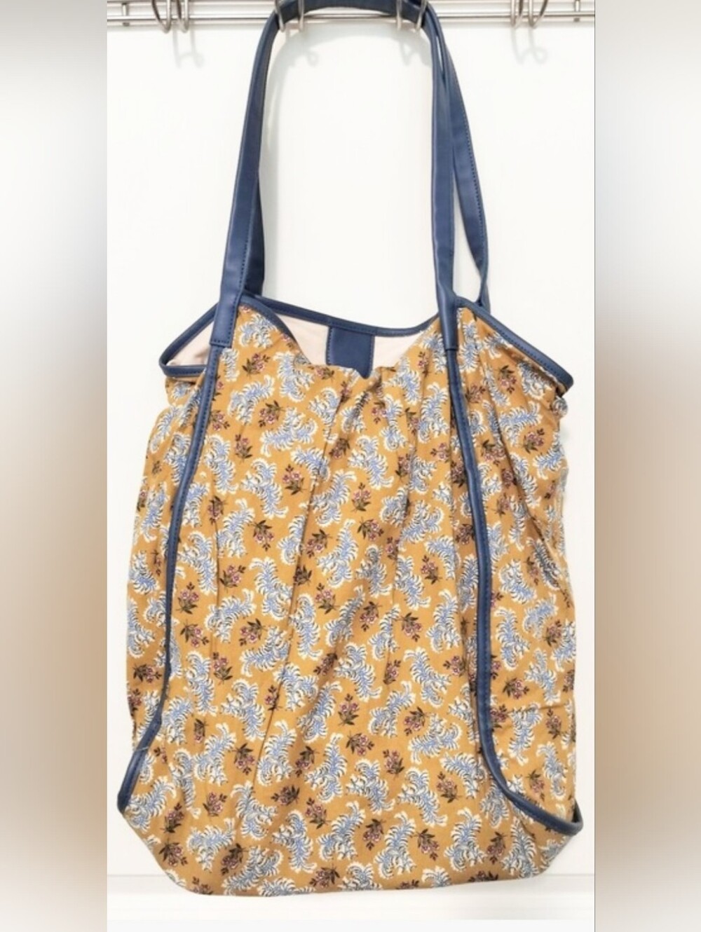 Crazy Lou Paris Floral Mustard Tote with Navy Trim